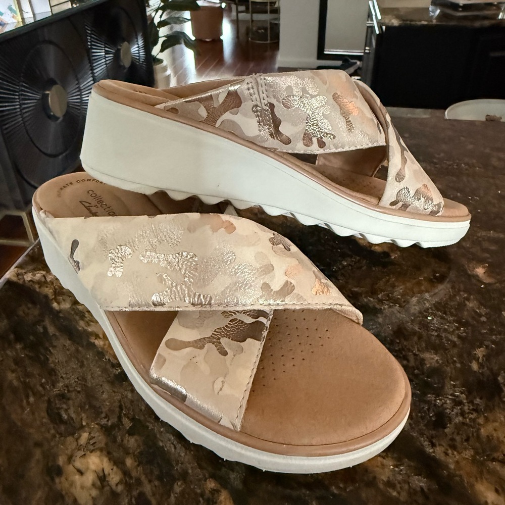 Clarks Beige and Cream Wedge Sandals